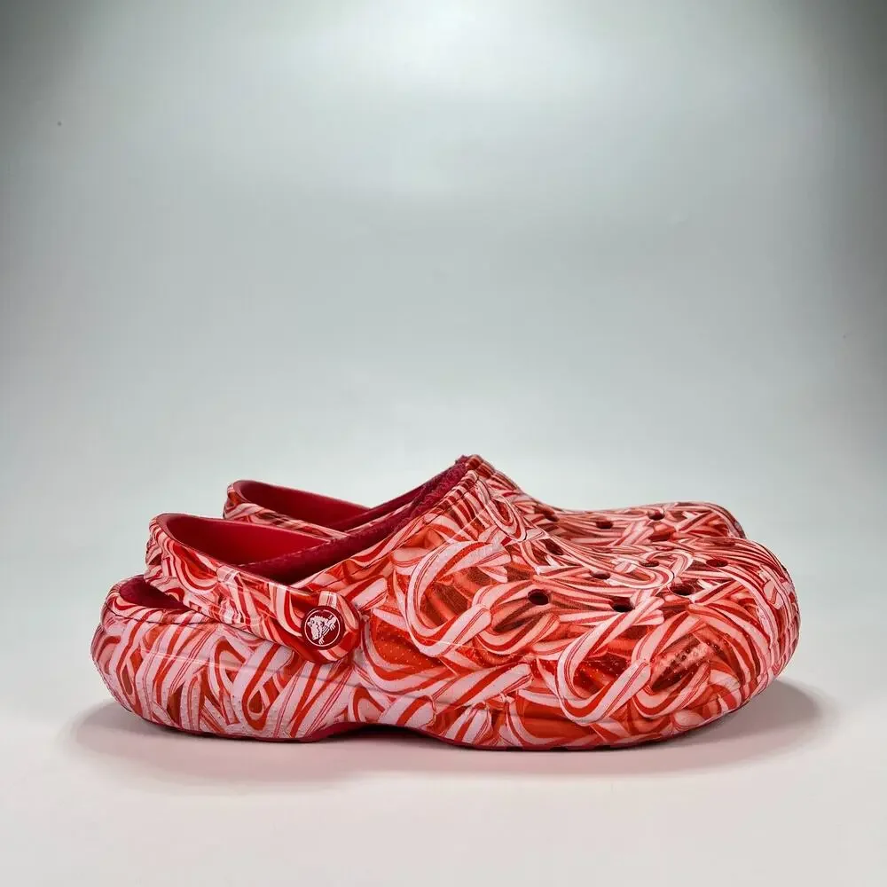 Crocs Classic Lined Candy Cane Clogs Red White Fleece Comfort Shoes Mens Size 11
